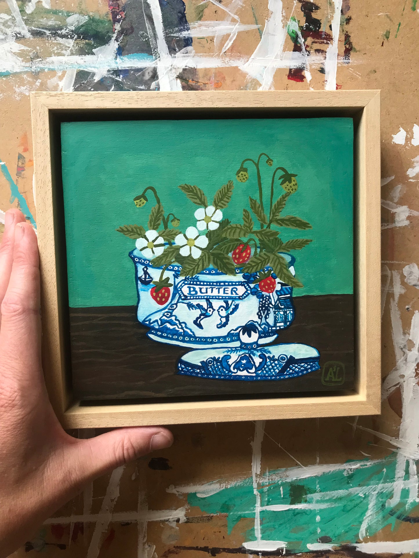Schilderij Aardbei in Delfts Blauwe vaas | Blue Willow Botervloot (Origineel en handgeschilderd)