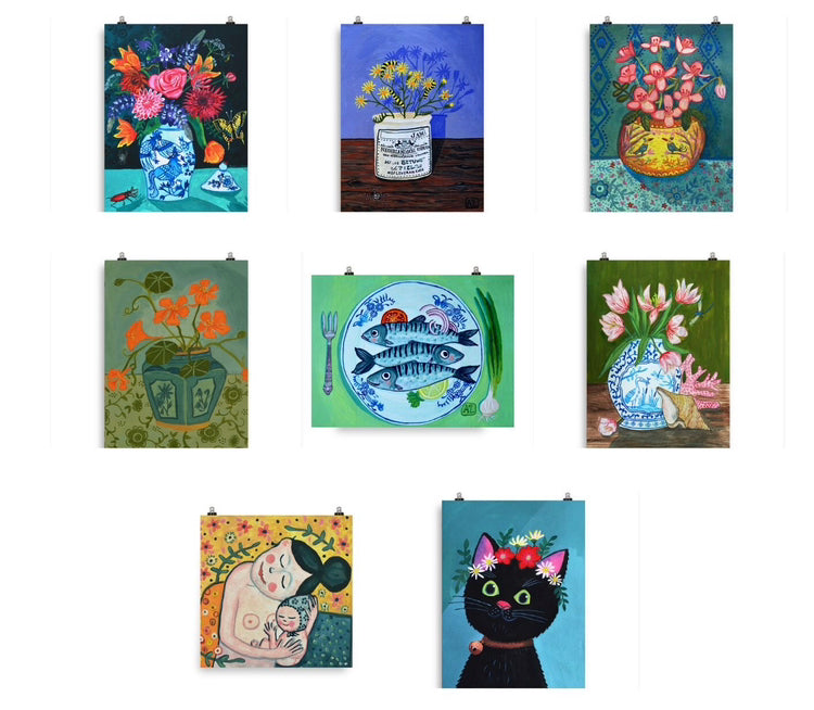 Poster Delfts Blauw Bloem Stilleven | Art Print met Tulpen, schelp en roze Koraal
