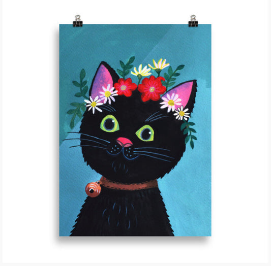 Poster Zwarte kat met bloemen Kroon | schattige Frida Kahlo kat