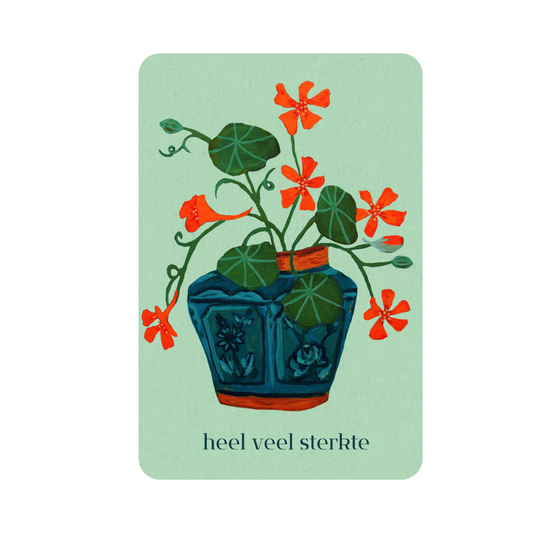 Heel veel sterkte Duurzame eco kaart met orientaalse groene gemberpot en oost indische kers als bloemen uit de tuin. Dit eco friendly kaartje heeft afgeronde hoeken. mooie kaart voor zieke tuinliefhebber 