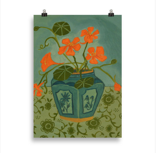 Poster Oost Indische Kers In Groene gemberpot (30x40 cm) | Art Print kleurrijk bloem stilleven