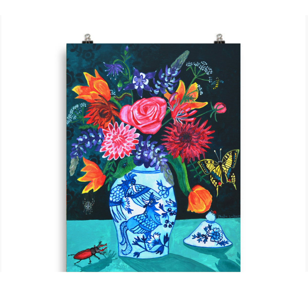 Kleurrijke Bloemen Poster met Delfts Blauw en Vlinders en Insecten| Art Print Oude meesters met een knipoog