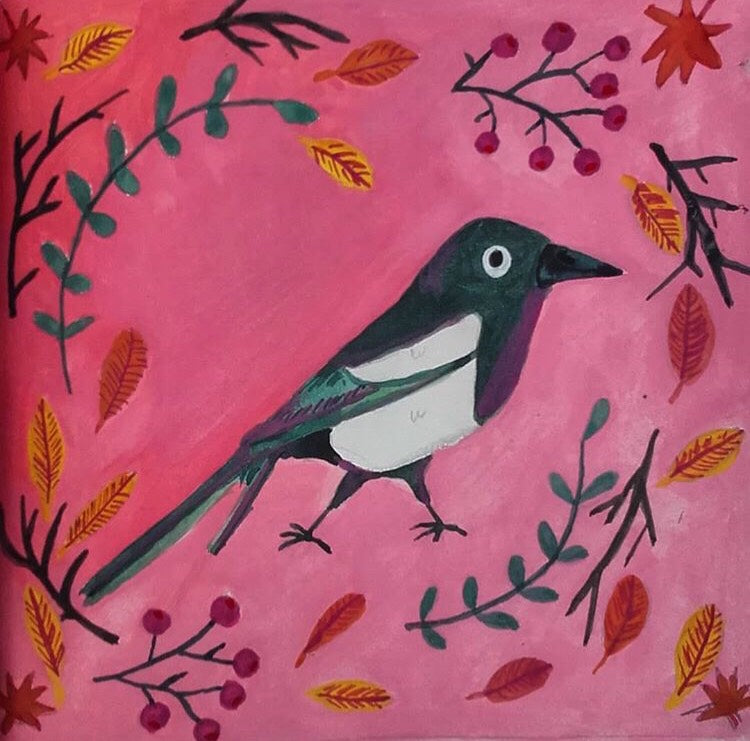 ekster kaart met vrolijke kleuren. Hippe roze vogel kaart met envelop zonder tekst.
