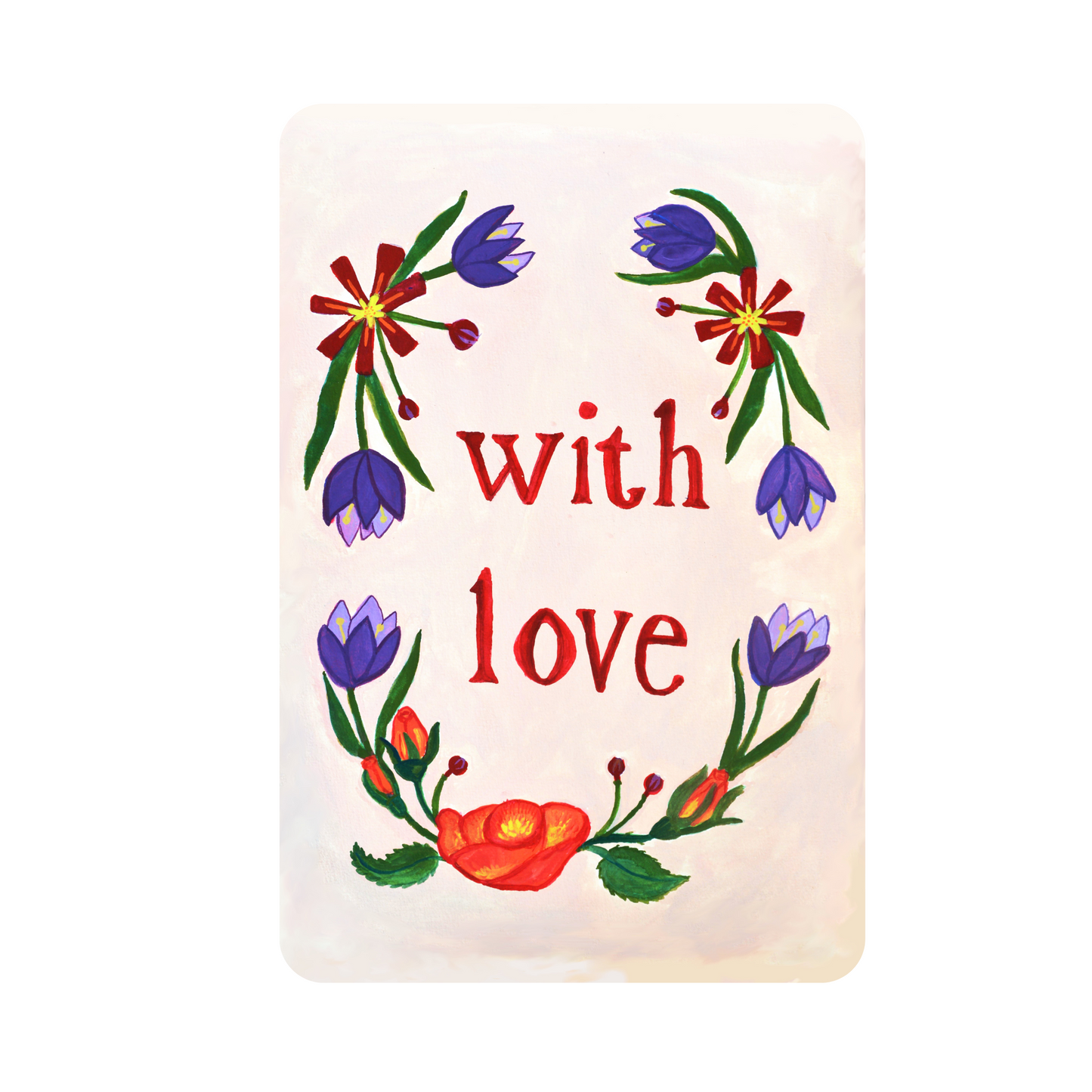 Vrolijke Kleurrijke A6 Voorjaars bloemen kaart met tekst With Love. De bloemetjes zijn krokusjes. Deze duurzame eco kaart word gedrukt op papier gemaakt van landbouwafval en is dus niet alleen een hip kaartje maar ook nog eens eco-friendly en milieuvriendelijk. 