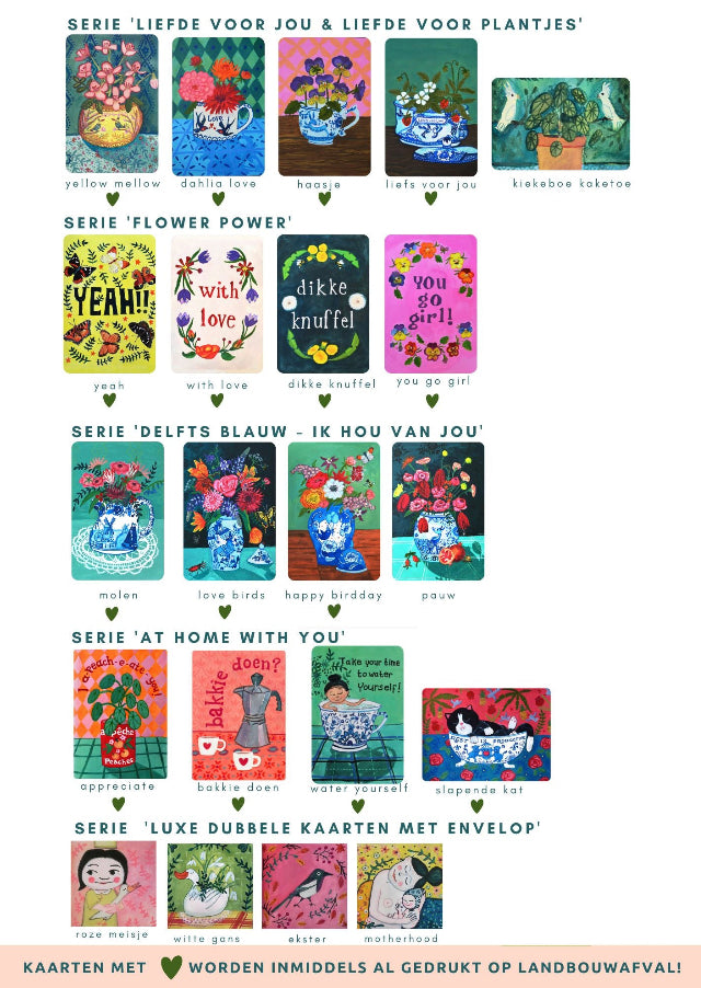 Vrolijke kleurrijke bloemen kaarten set gedrukt op duurzaam eco Paperwise papier. Deze vrolijke bloemenkaarten  zijn met en zonder tekst.  De hippe kaartjes zijn gemaakt door de illustrator Anita Letuve.